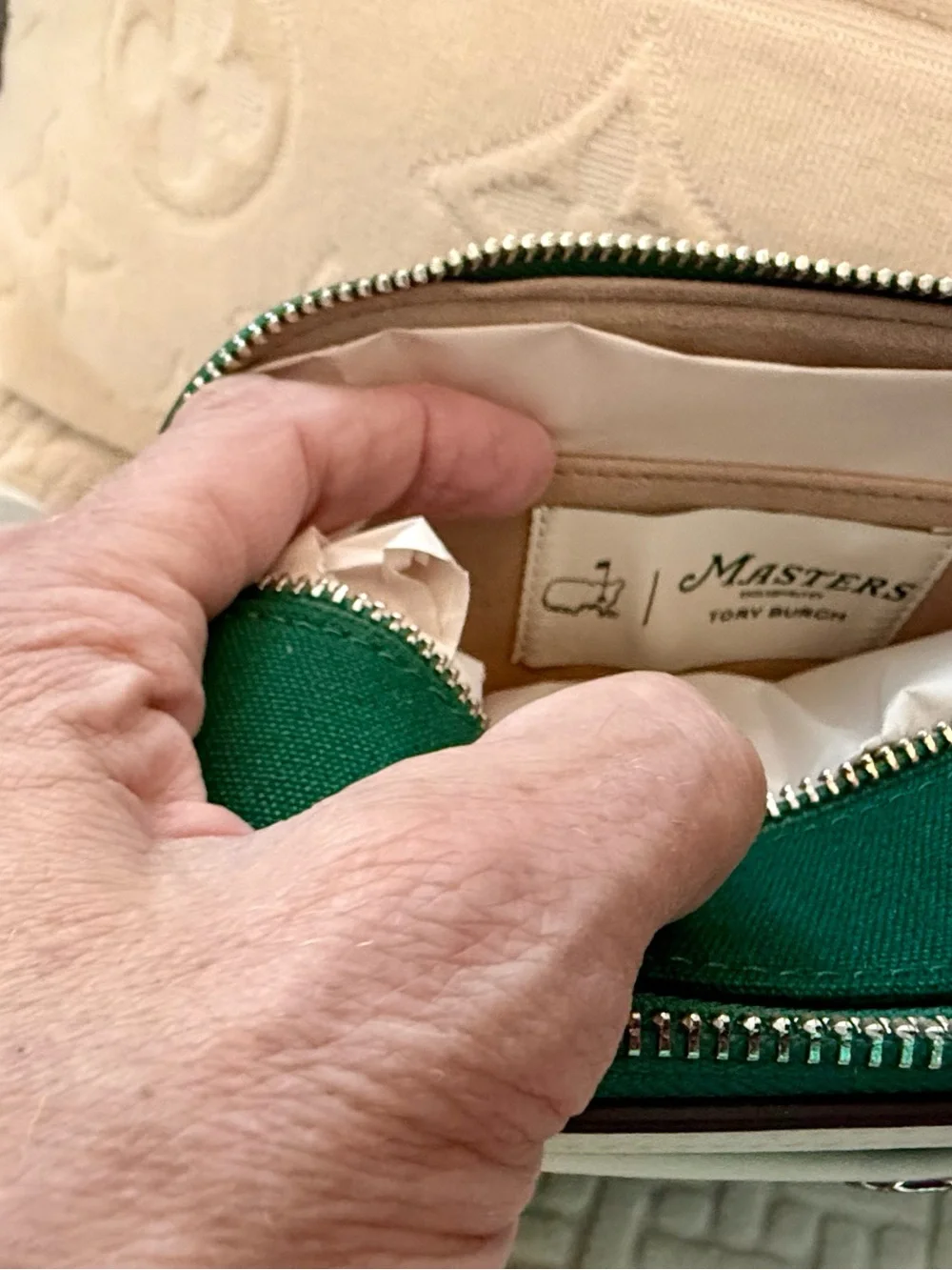 Masters Green and White Crossbody Bag by Tory Burch, and the Masters.